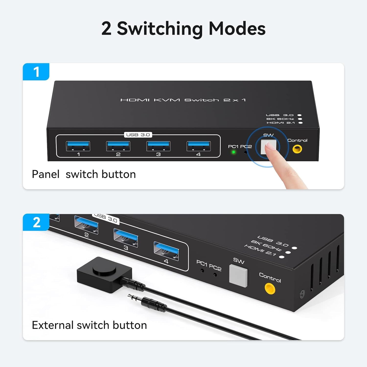 2 Port HDMI KVM Switch Support 8K60Hz 4K120Hz, USB 3.0 HDMI2.1 KVM Switch for 2 Computers Share 1 Monitor with 4 Port USB 3.0 Hub Includes Desktop Control and 2xUSB Cables