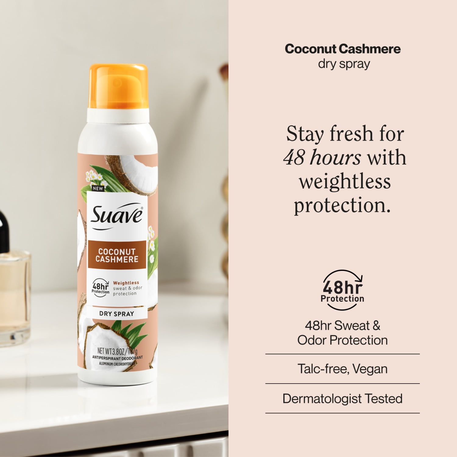 Suave Coconut Cashmere Dry Spray Antiperspirant Deodorant, 48HR Invisible Protection, 3.8 OZ