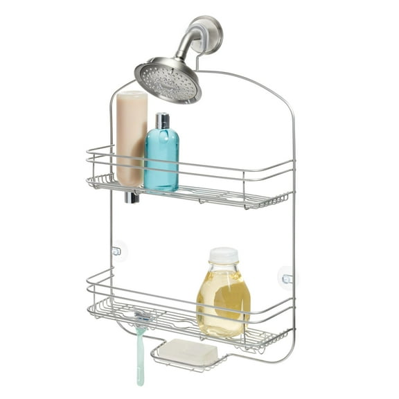 iDesign Wide Metal Hanging Shower Caddy, Bath Organizer Holds Shampoo, Razors, Soap, 5" x 15" x 24" - Satin
