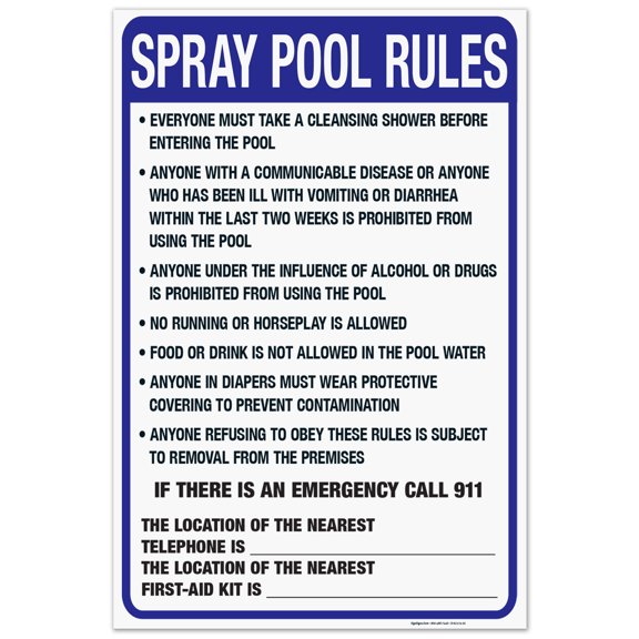 Washington Spray Pool Rules Sign, Complies With State Of Washington Pool Safety Code, 24x36 Corrugated Plastic
