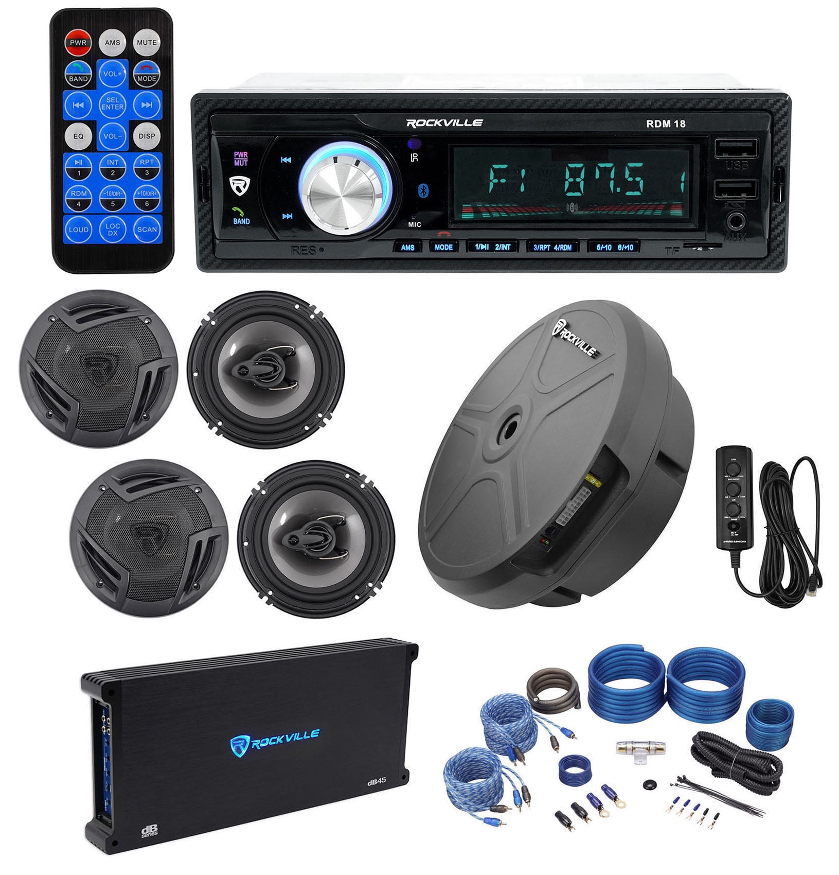 Rockville Bluetooth Receiver+(4) 6.5" Car Speakers+Amp+Powered Spare Tire Sub