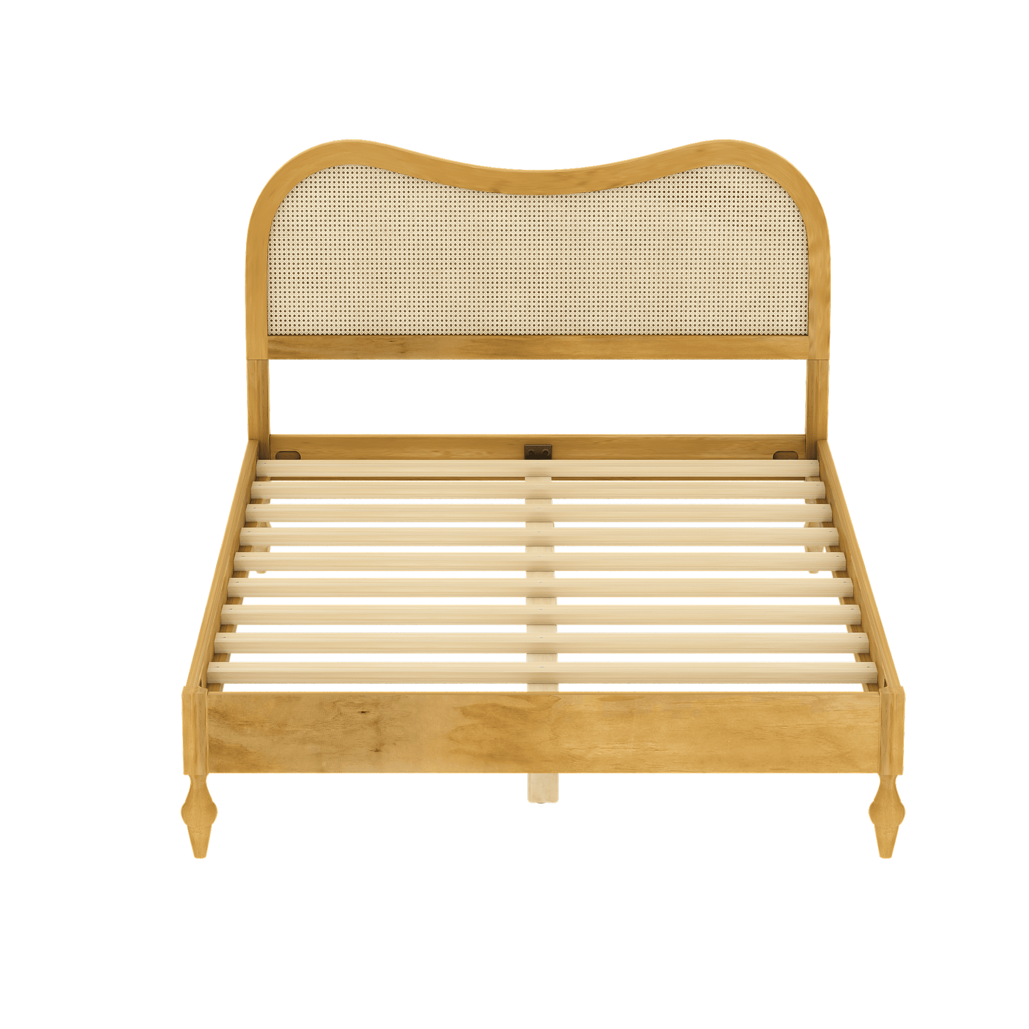 Euroco Queen Size Mid-Century Wood Platform Bed with Curved Rattan Cane Headboard, Scandinavian Natural Style Bed, No Box Spring Needed, Natural
