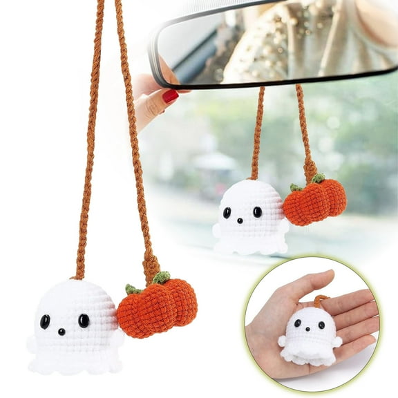 YANGJUN Halloween Crochet Pumpkin and Ghost Car Decoration Rear View Mirror Charm Ornaments Cute Car Pendant Interior Decor halloween Adding a Festive Atmosphere to Your Car Rides Gifts for kids