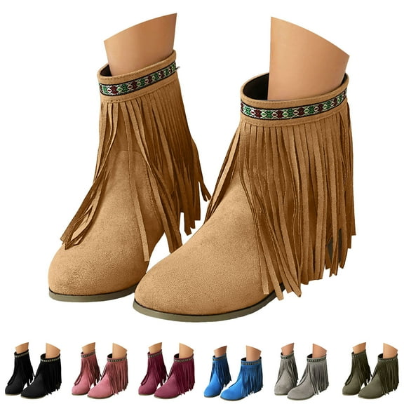 Dakaela Womens Ankle Fringe Boots Round Toe Suede Tassel Flat Short Booties Casual Wedge Dress Moccasins