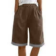 thumbnail image 6 of Cotton Linen Long Shorts for Women Baggy Knee Length Bermuda Shorts Casual Wide Leg Elastic Waist Lounge Shorts with Striped Trim, 6 of 9