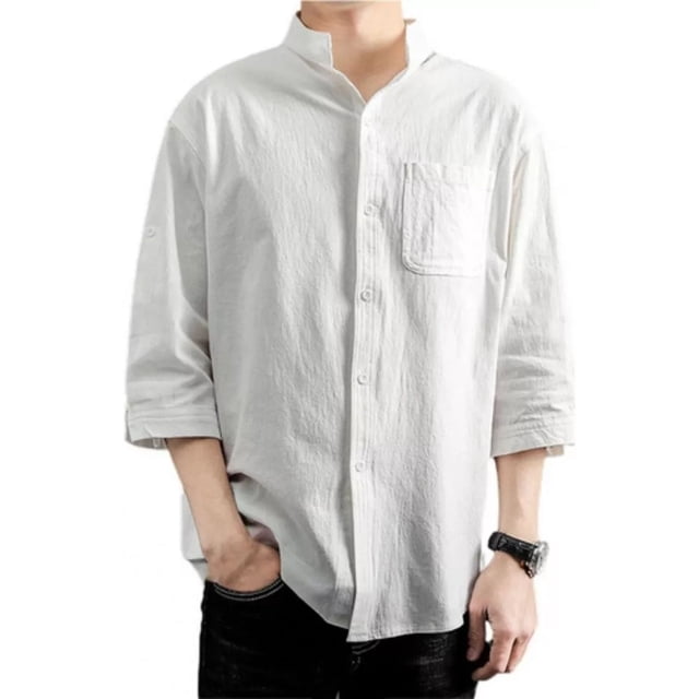 Camisa Cuello Mao Lino Hombre Casual Manga Larga Slim Fit