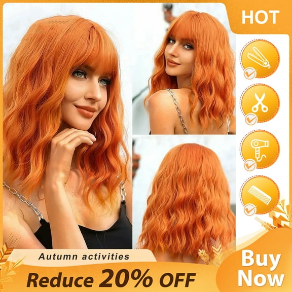SUCS 14" Orange Wig Short Curly Wig with Bangs Dark Orange Wavy Bob Wig Women Girls Orange Synthetic Hair Wigs with Wig Cap
