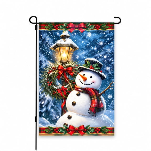 Christmas Snowman Garden Flag 12 x 18 Inch - Holiday Winter Outdoor Decor for Yard, Lawn, Patio, or Porch - Festive Lamp Post Design with Holly and Snowflakes