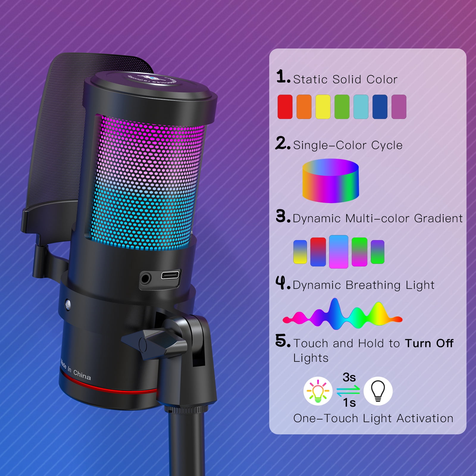 ZealSound Gaming USB Microphone,Noise Cancellation Condenser mic with RGB Light,Touch Mute,Gain,Monitoring for Streaming, Podcast, Twitch, YouTube, Discord, iPhone, iPad,PC,Computer,PS4,PS5,Mac