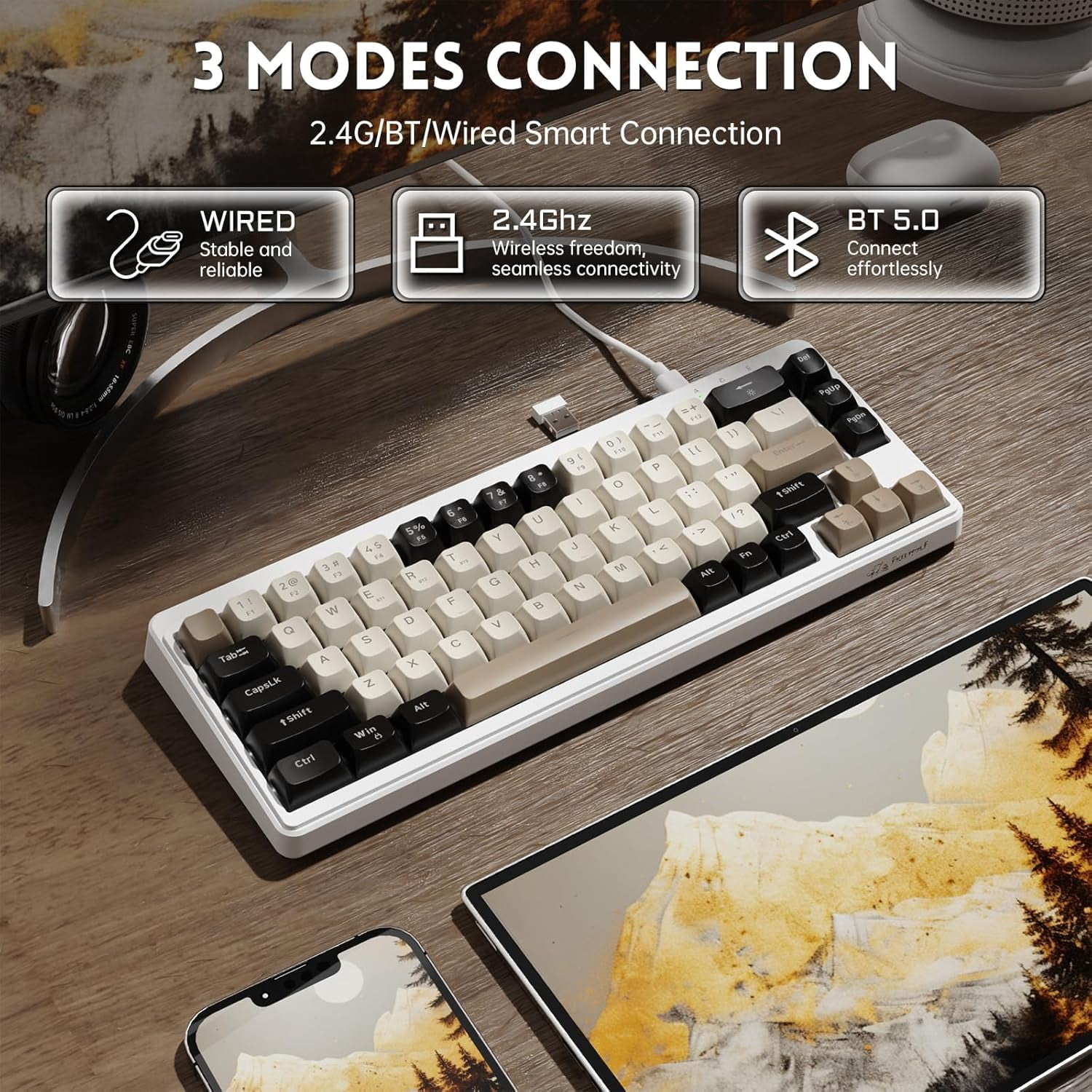 ZIYOULANG M68 65% Wireless Gaming Keyboard, QWERTY Layout, BT/2.4G/Wired Silent Membrane Keyboard, Rainbow Backlit 67 Keys PBT Keycaps, 2000mAh Portable for Gamer/Office-Creamy