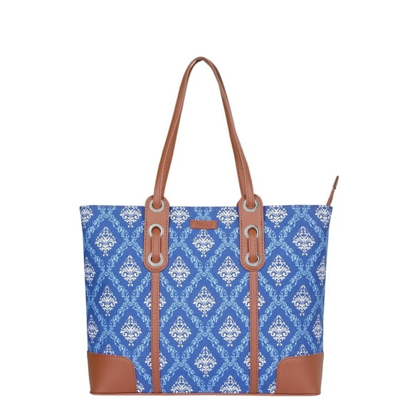 Sishka Blue Hand Crafted Printed Fabric Tote Bag – Vegan Leather Trimmed Satchel for Ladies’ Work, Travel & Everyday Style