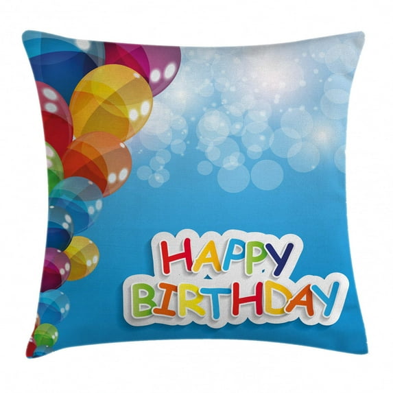 Birthday Decorations Throw Pillow Cushion Cover, Vibrant Balloons in the Sky Sun Beams Abstract Air Celebration Theme, Decorative Square Accent Pillow Case, 18 X 18 Inches, Multicolor, by Ambesonne