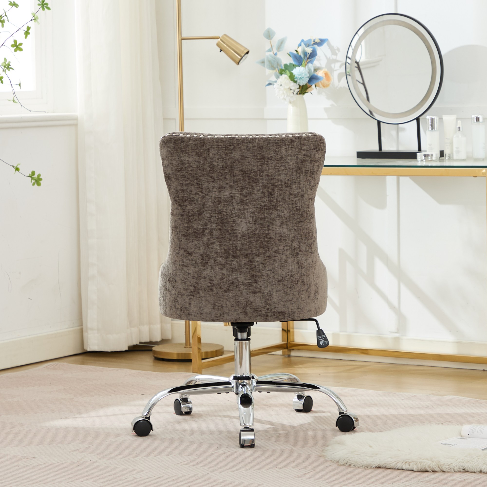 MAYEERTY Modern Chenille Office Chair - Tufted Buttons, Chrome Metal Base, Adjustable Swivel, Gray