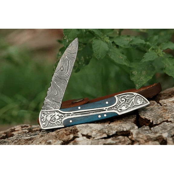 8" Blue Pakka Wood Handle Handmade Damascus Steel Folding Knife With Engraved Steel Frame Work Pocket Knife