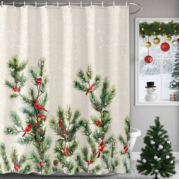 Shower Curtains Sets for Bathroom Decor Christmas Red Cardinal on Spruce Branch Leaves Waterproof Bathroom Curtain with Hooks, Winter Snow for Bathroom Decor,60x72IN