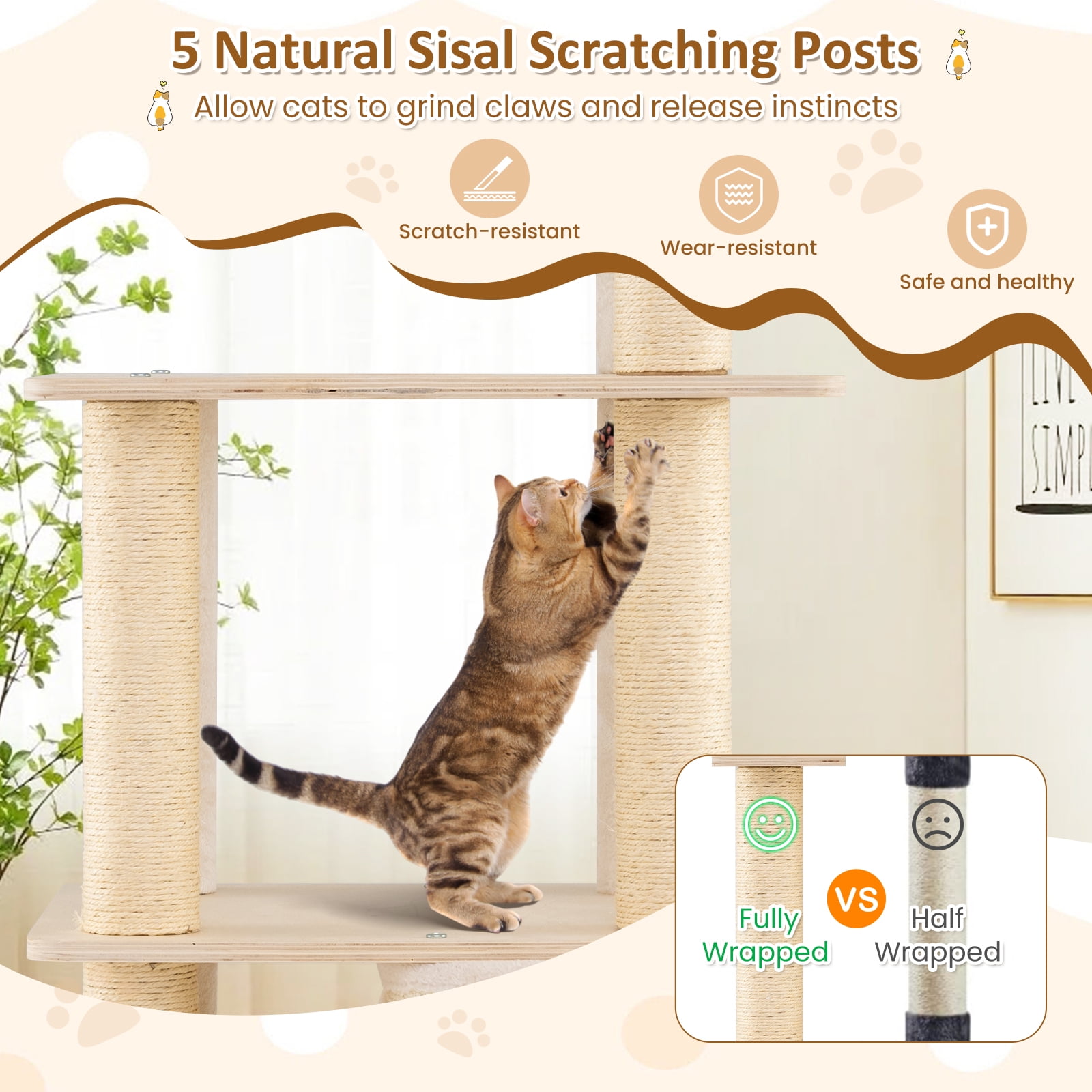 Gymax 63'' Tall Wooden Cat Tree w/2-Story Condo Plush Padded Top Perch Dangling Ball