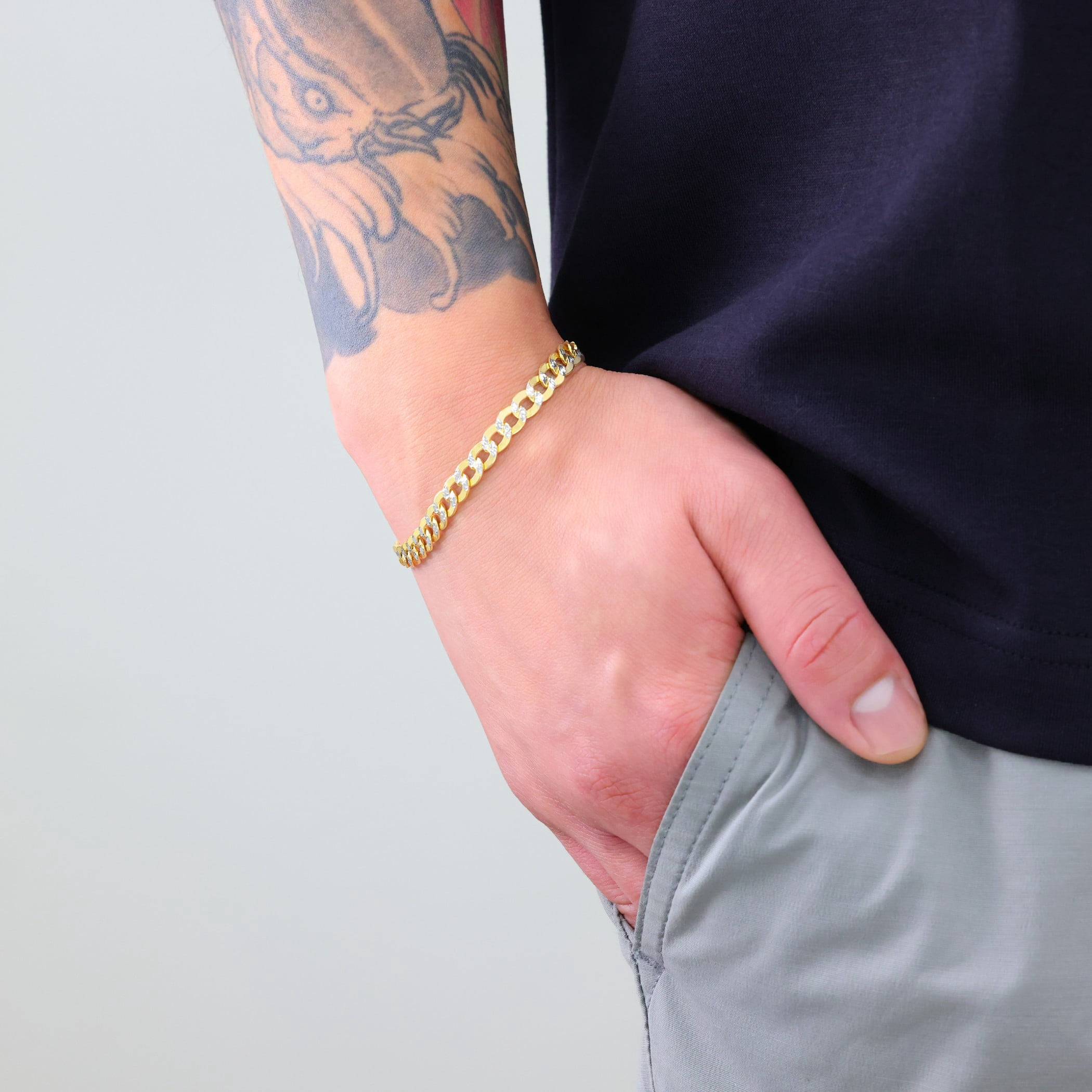 Nuragold 14k Real Yellow Gold Cuban Curb Link 6.5mm Diamond Cut Pave Chain Bracelet (7"-9") Two Tone Italian Jewelry for Men