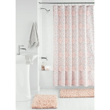Mainstays Shag 15-Piece Kaleido Polyester Shower Curtain Set, Blush