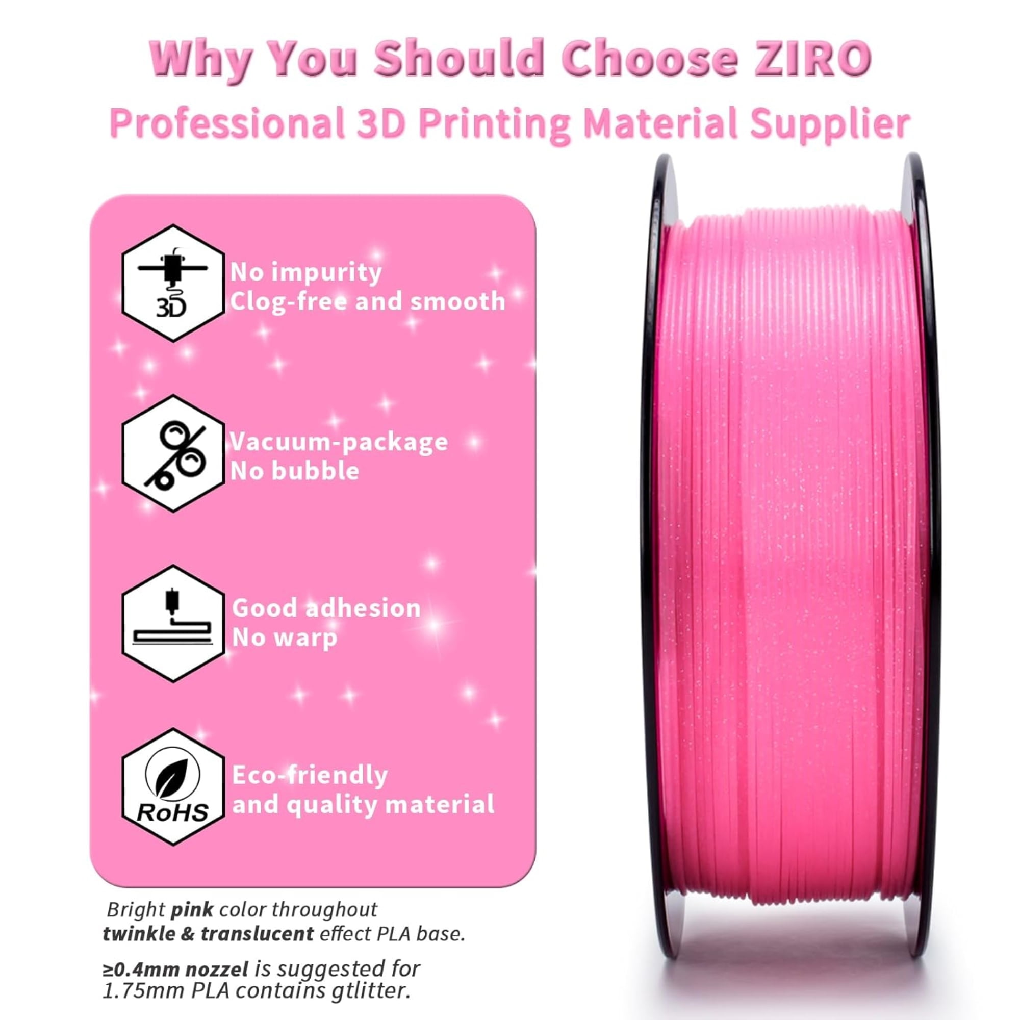 Ziro 3D Twinkling PLA Filament 1.75mm 1kg, Pink