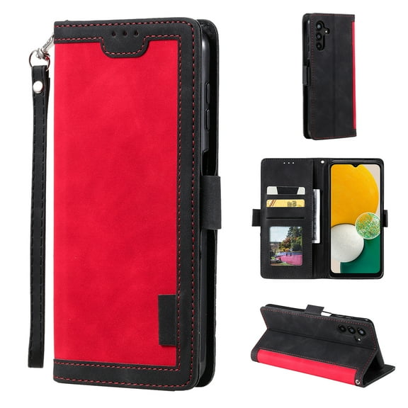 SaniMore for Samsung Galaxy S23 Case with Wristlet Strap PU Leather Shockproof TPU Shell Card Slots Cash Pocket Flip Kickstand Magnetic Closure Full Protective Business Wallet Cover, Red