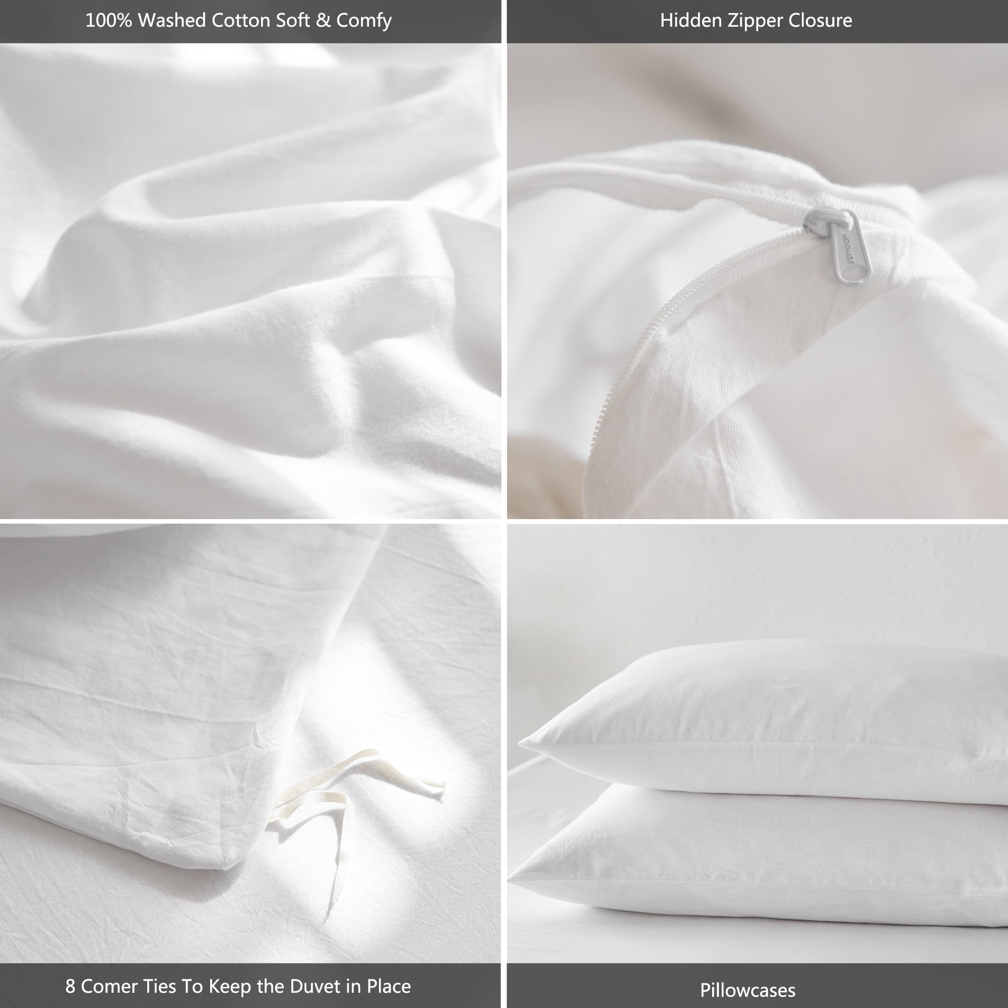 MooMee Duvet Cover Set Queen 100% Washed Cotton Twill Ultra-Soft Breathable Linen Like 3-Piece (Bright White, 90"x90")