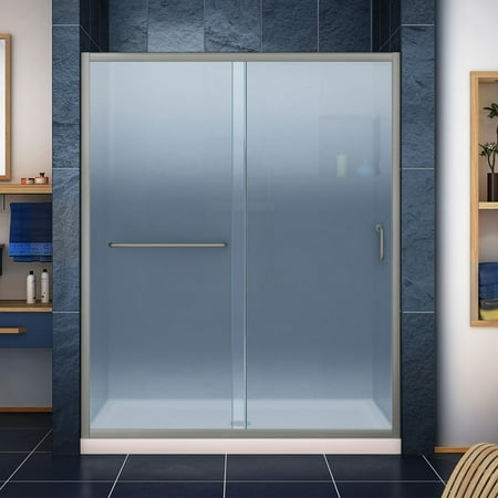 - DreamLine Infinity-Z 34 in. D x 60 in. W x 74 3/4 in. H Frosted Sliding Shower Door in Brushed Nickel, Center Drain Biscuit Base