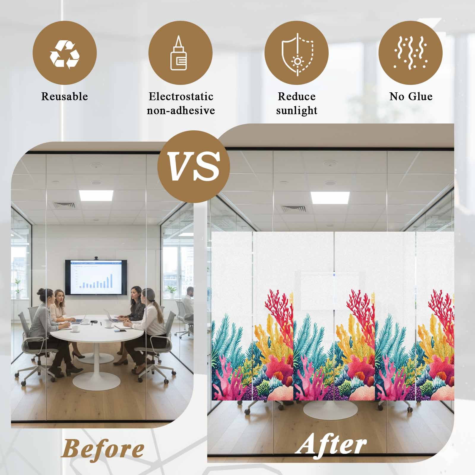 Ocean Coral Window Privacy Film, Summer Underwater Plant Watercolor Style Coastal Frosted Glass Window Clings Static Cling UV Heat Blocking Reusable Door Sticker for Bathroom 23.6 x 59 Inch