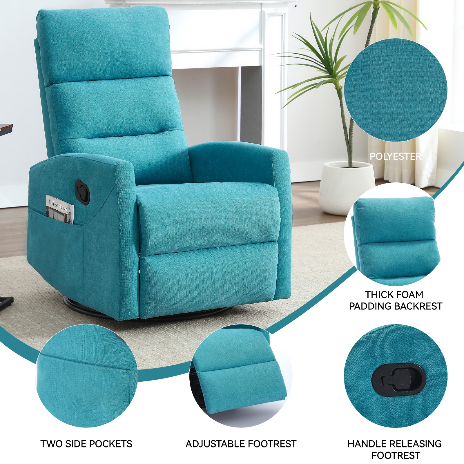 360°Swivel Rocker Recliner, PAPROOS Small Rocking Recliner Chair for Small Spaces, Home Theater Recliner with 2 Side Pockets, Nursery Glider Recliner, Manual Recliner for Adults for Living Room, Blue