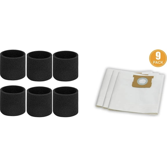 9 Pack 5-6 Gallon Standard Dust Bag, VDBS and 6-Pack Foam Filter for Wet Pick-up(VFF51 3701),Compatible with Vacmaster 5-6 Gallon Wet/Dry Vacuum Cleaners(9 Dust Bags 6 Foam Filters)
