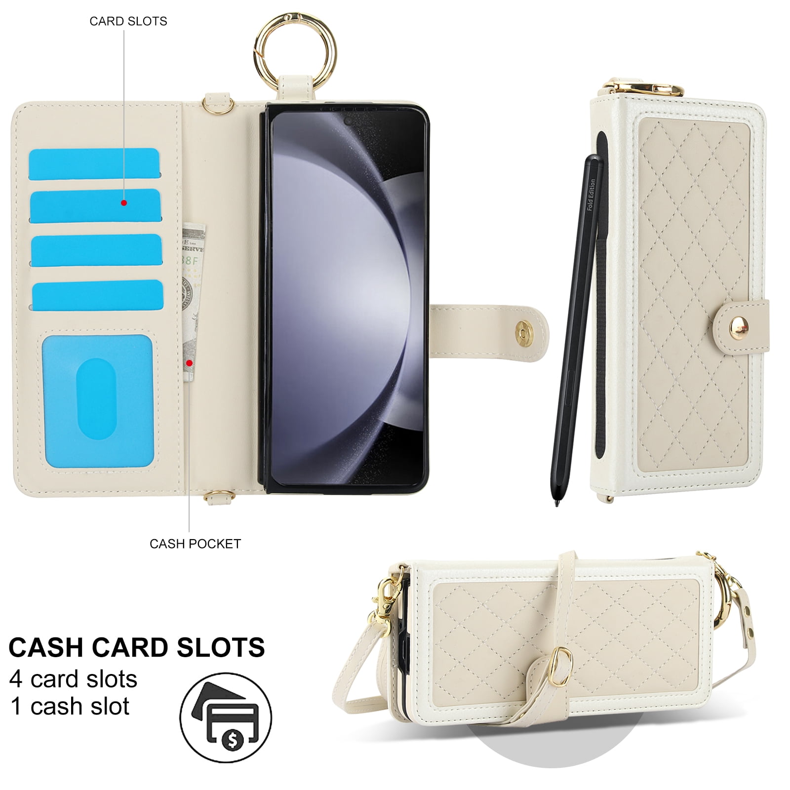 REQO Flip Phone Case for Samsung Galaxy Z Fold 6,Multifunctional Leather Wallet Cover with Wrist Strap Long Shoulder Strap RFID Blocking Case,White