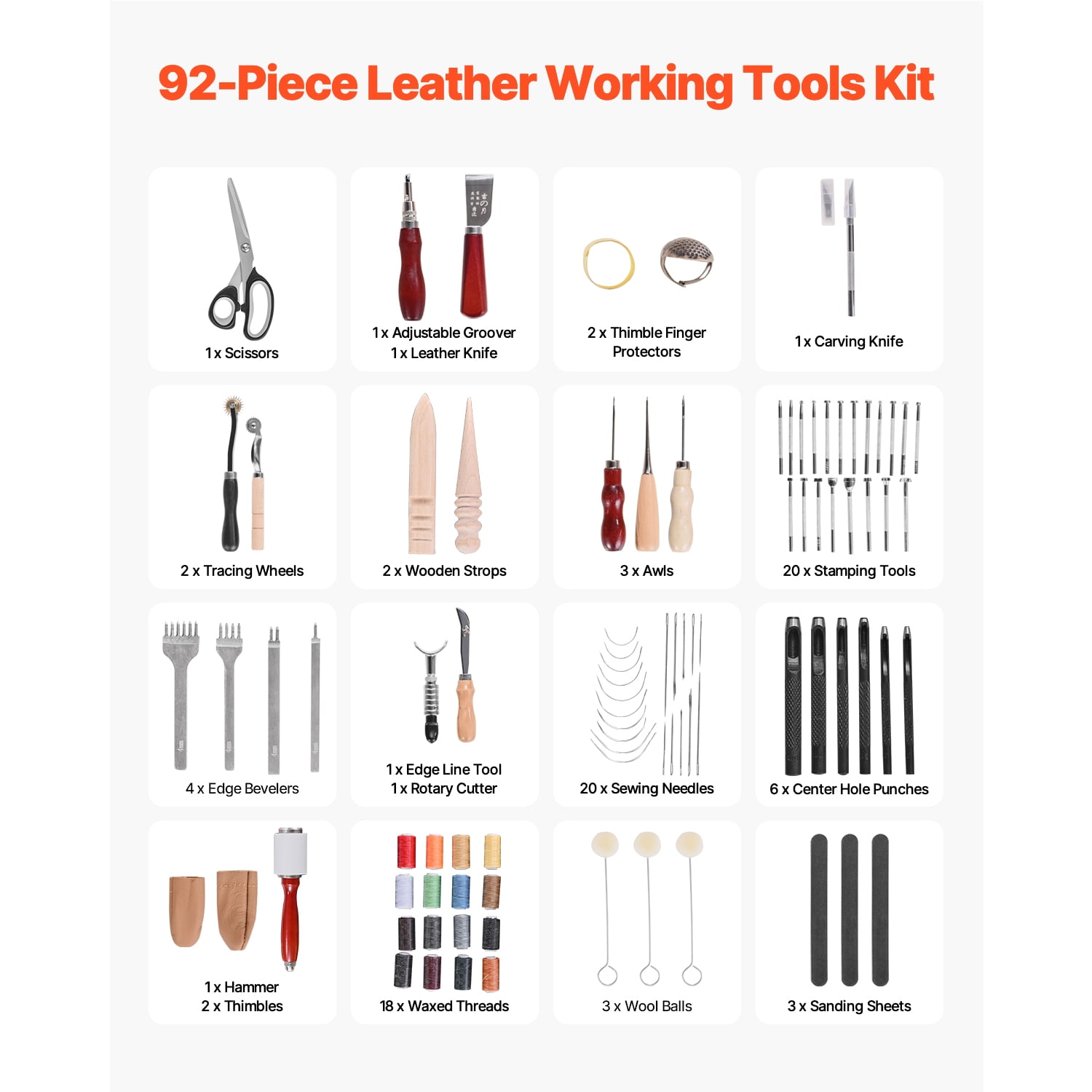 KFFKFF Leather Crafting Tool Set, 92-Piece Leatherwork Kit with Compact Leather Carry Bag, Carving Punching Sewing Stamping Sanding Instruments, Perfect for Novice DIY Hobbyists and Experts