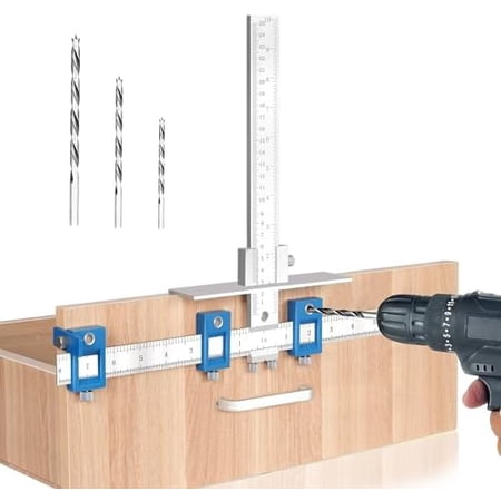 Cabinet Hardware Jig Metal Cabinet Handle Jig with 3pcs Point Wood Drils Bits – Use for Handles Pulls Knobs on Drawers/Doors Wood Drilling Dowelling Guide Set.