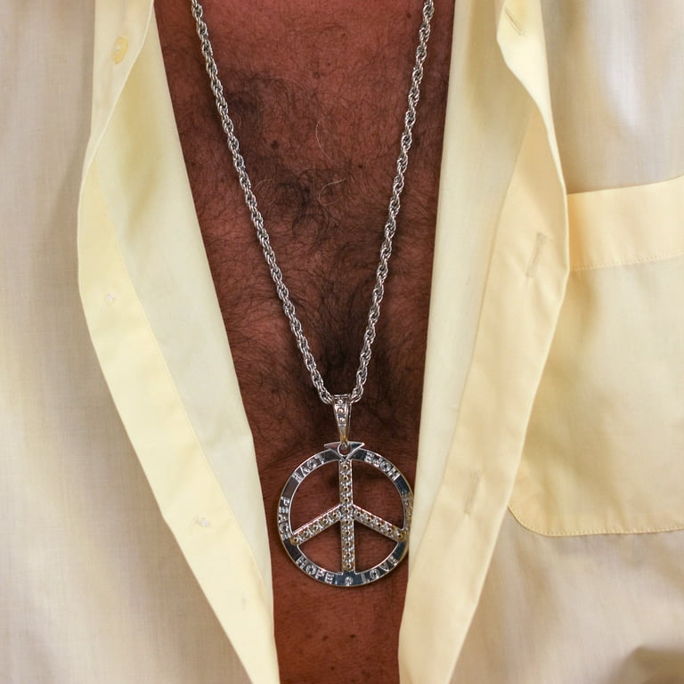 Large Silver Pendant Peace Sign Necklace 70's Costume Jewelry Hippie Accessories Large Silver Pendant Peace Sign Necklace 70's Costume Jewelry Hippie Accessories