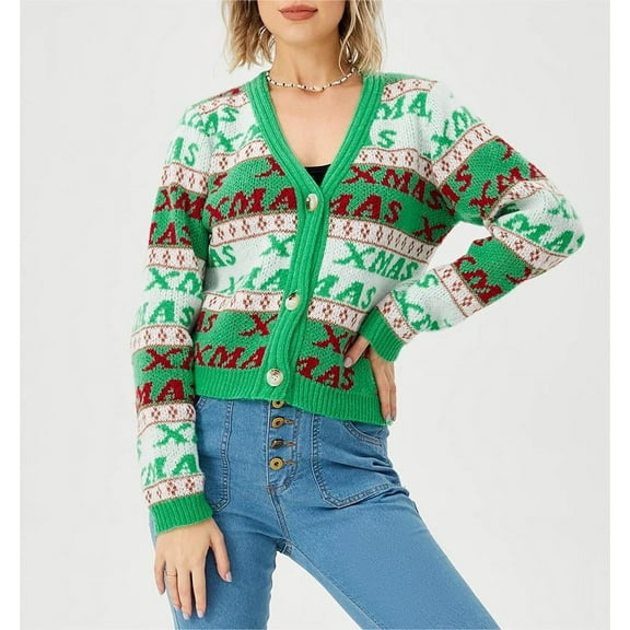 Scacto Classic Cardigan Ugly Christmas Sweaters for Women V Neck Button Down Sweater with “XMAX” Patterns, S-XL
