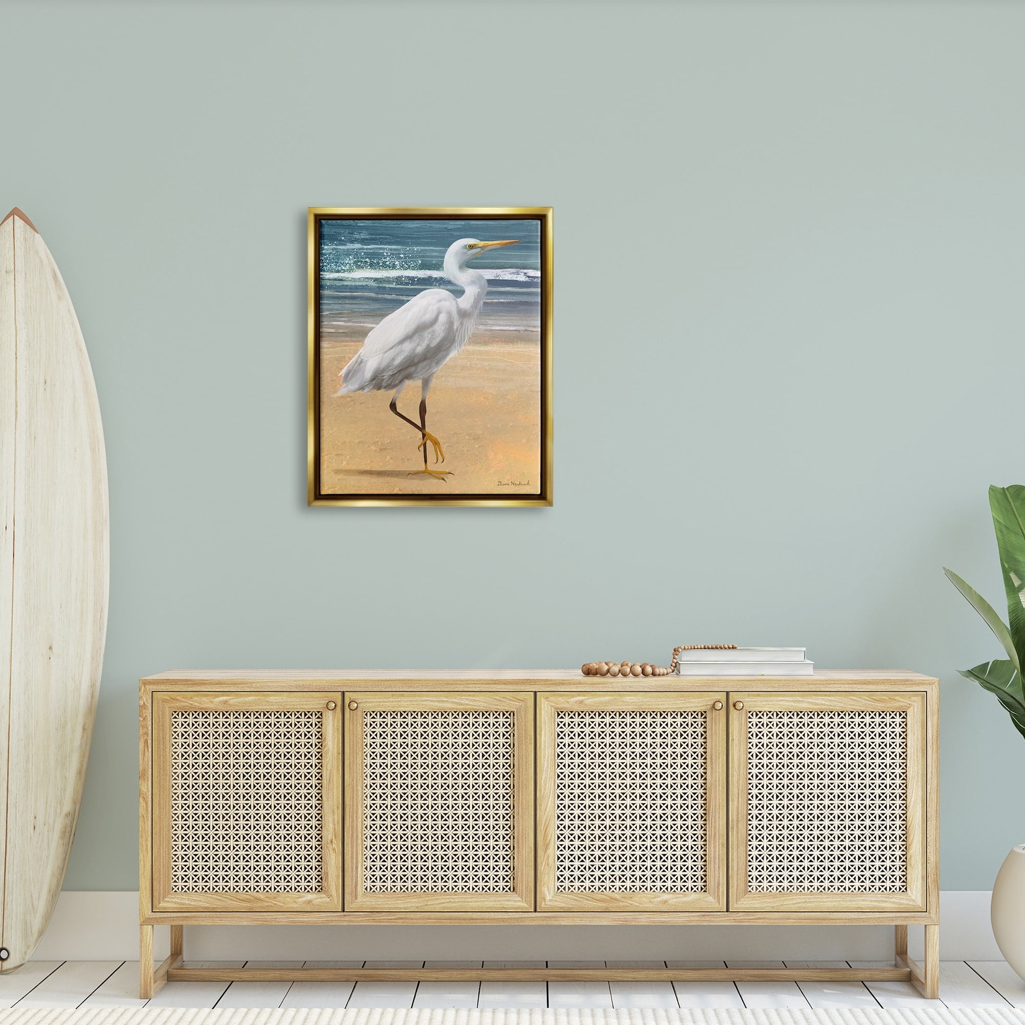 Stupell Industries White Heron Bird Standing Beach Shoreline Waves Painting Metallic Gold Floating Framed Canvas Print Wall Art, Design by Diane Neukirch