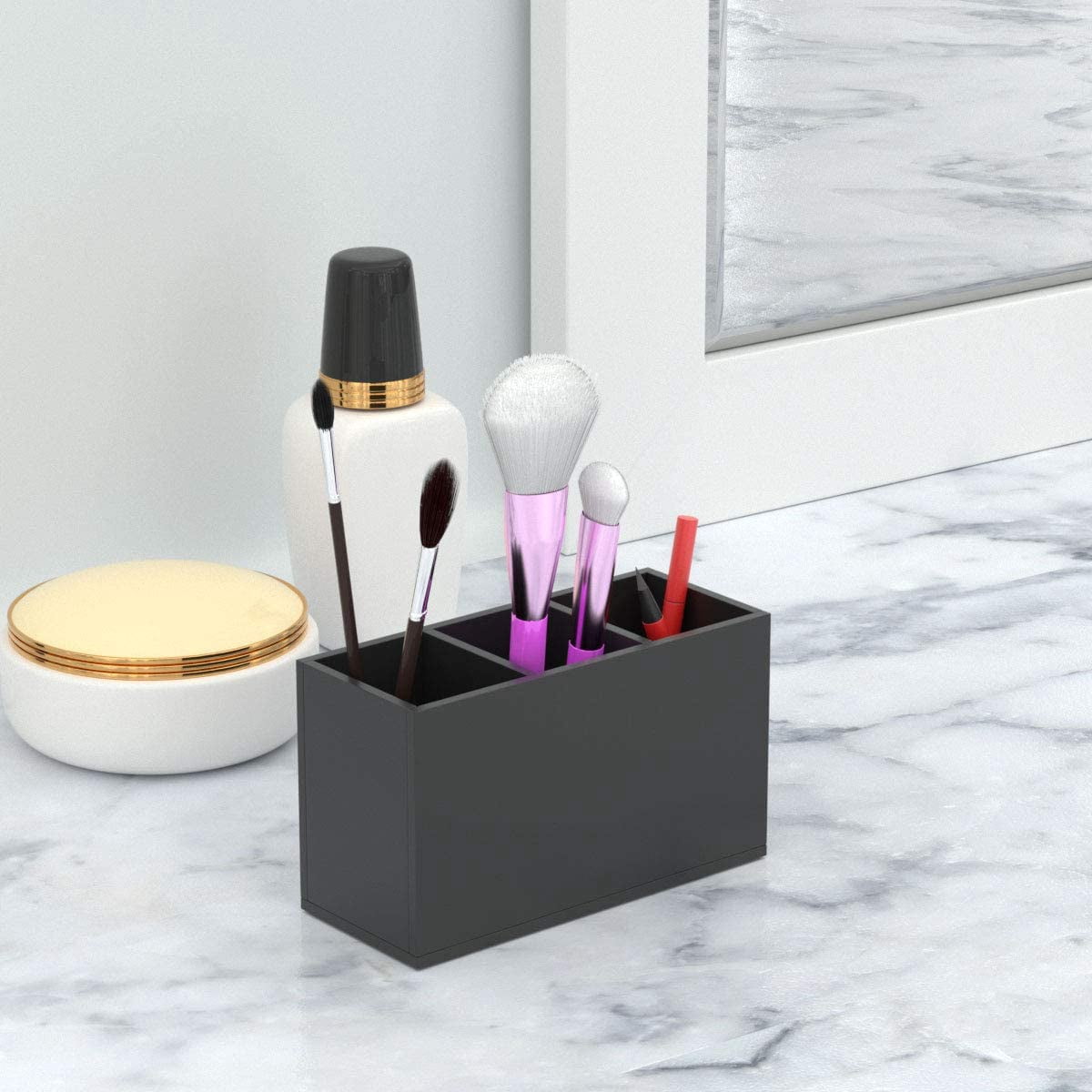 Acrylic Pen Holder 3 Compartments, Black Pencil Organizer Cup for Countertop Desk Accessory Storage