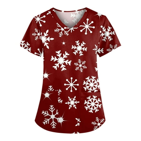 

CZHJS Women s V-Neck Clinic Carer Shirt with Pockets Tunic Relaxed-Fit Clothes Short Sleeve Snowflake Santa Claus Printed Christmas Graphic Tops Wine Tees Working Uniform Nursing Workwear Scrubs Top