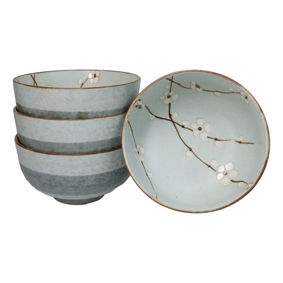 Set Of 4 Made In Japan Ceramic Soushun Sakura Blue Plum Medium Tayo Bowls 21oz