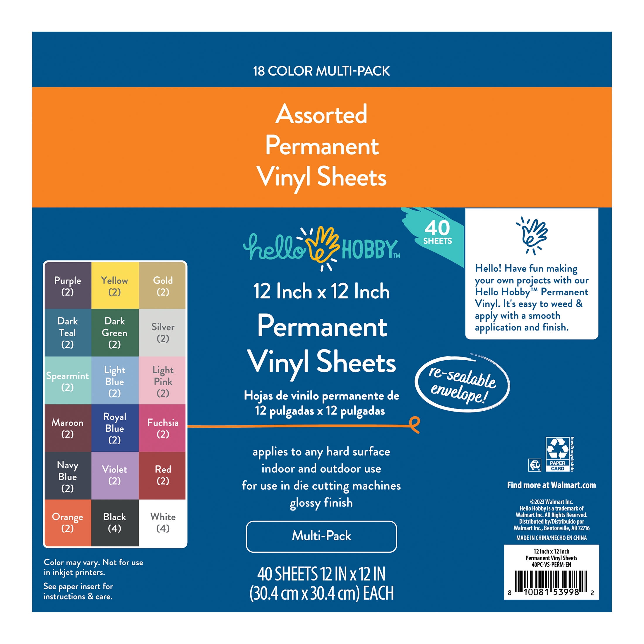 Hello Hobby 12" x 12" Multi-Pack Permanent Craft Vinyl Sheets (40 Count)