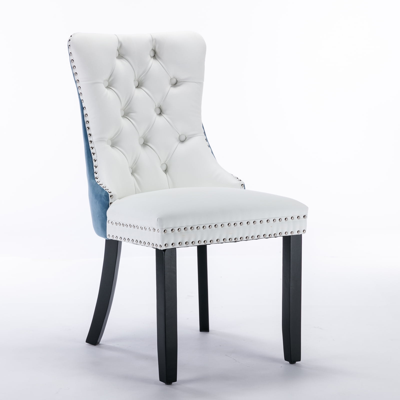 Yoneston Button Tufted Upholstered Dining Chairs Set of 2, Solid Wood Dining Chairs with Nailhead Trim, Elegant Accent Chairs for Dining Room, White & Blue
