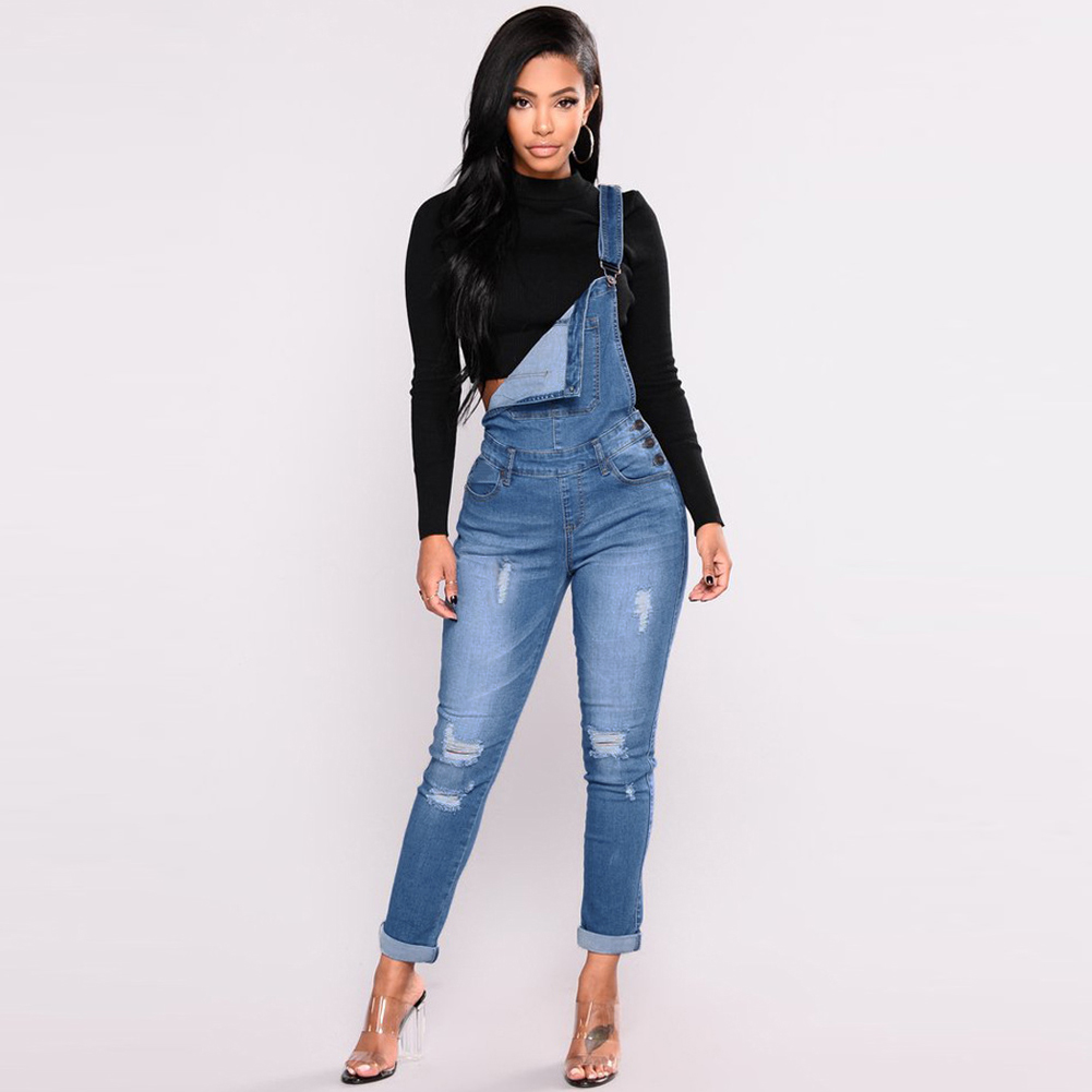 Fashion Women Denim Overalls Ripped 