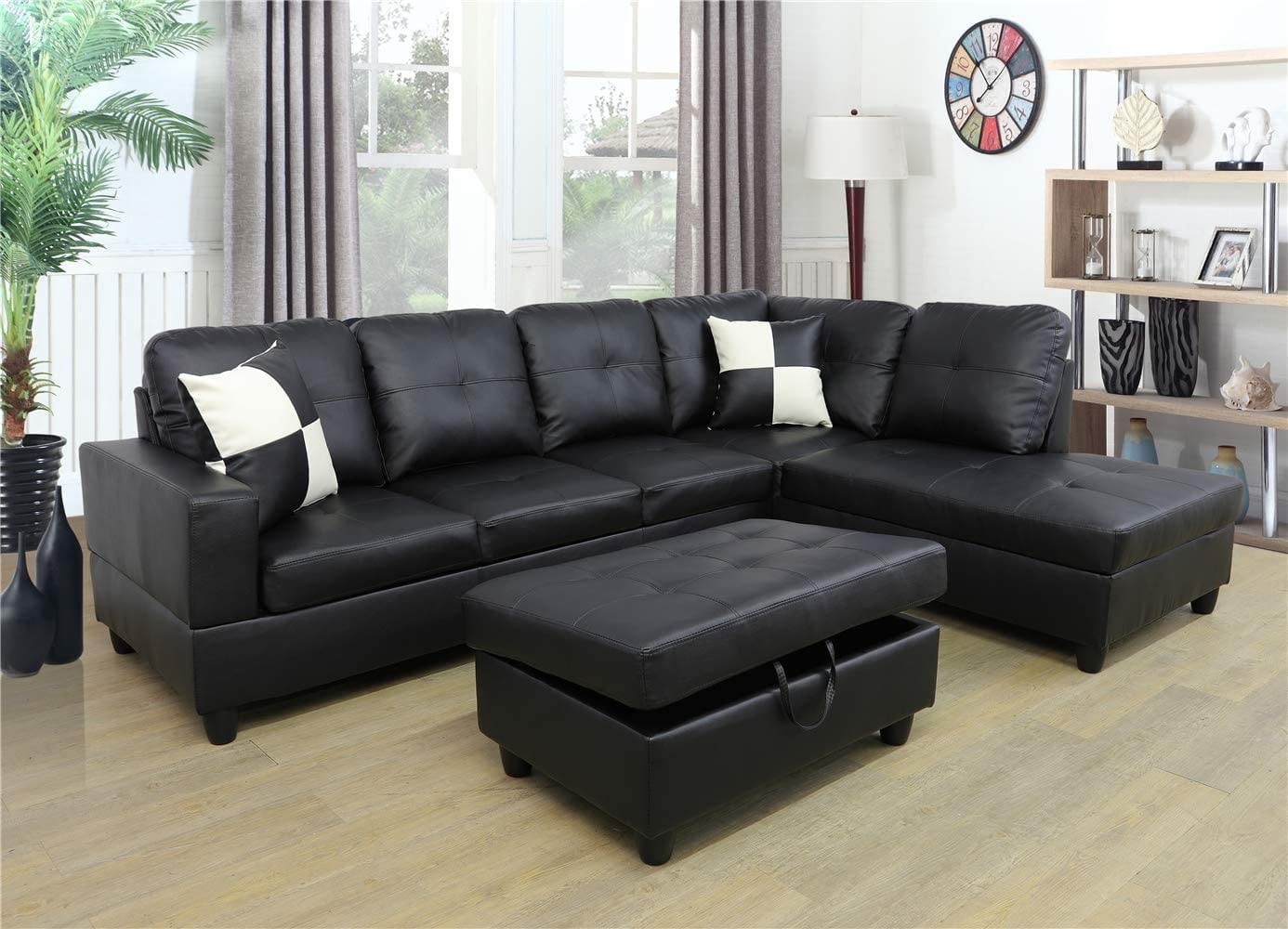 Details about   Living Room Furniture Ebony Sectional Sofa set Cushion Ottoman Couch Microfiber 