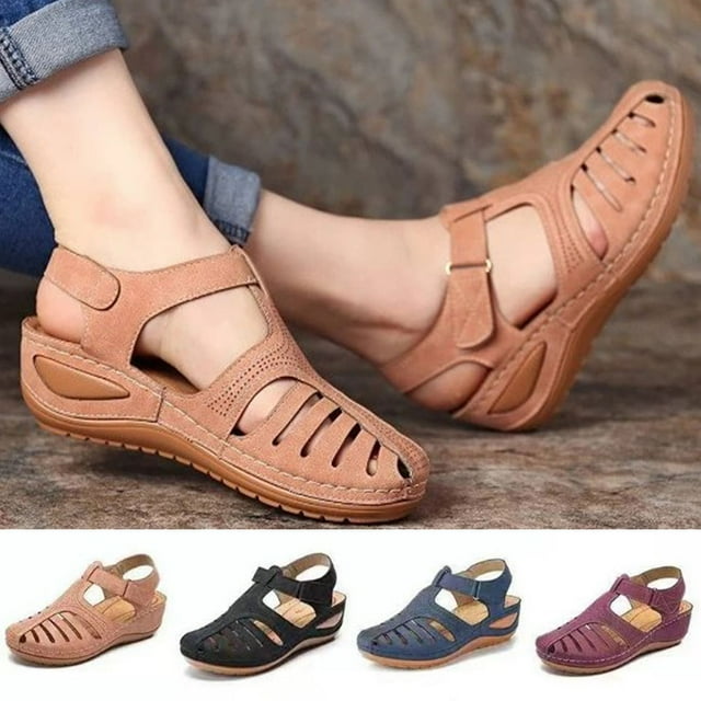 HEVIRGO Women Shoes Summer Retro Hook Loop Closure Non-slip Hollow Beach Wedge Sandals