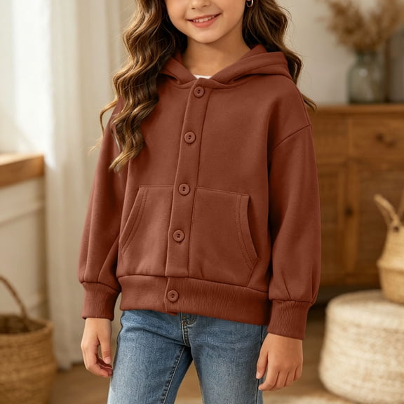SDNall Girls Toddler Button Down Hooded Jacket, Loose Casual Daily Long Sleeve Fleece Coat, Fall Winter Outdoor Play Layering Outerwear Coat with Pocket 1-10 Years