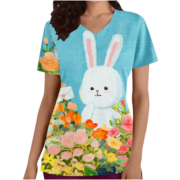 BEFOKA Graphic Scrub Tops Women Short Sleeve V Neck Scrub for Womens Cute Printed Nursing Uniforms Shirts with Pockets Classic Holiday Scrub Shirt