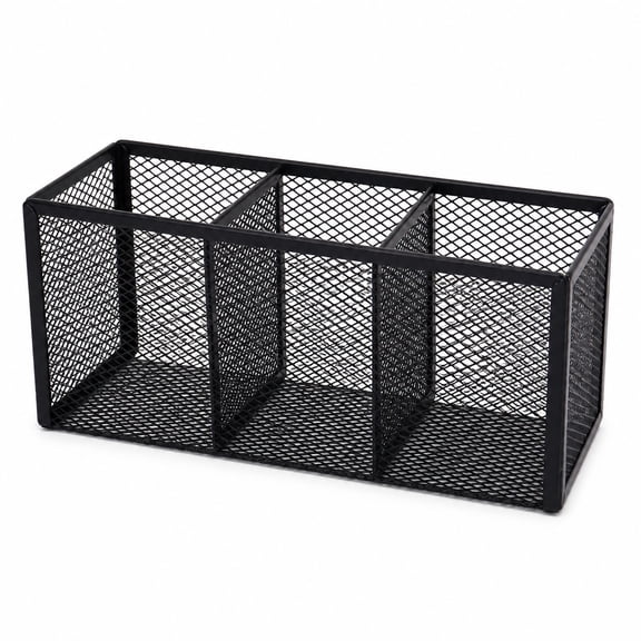 Desk Organizer with 3 Divided Compartments – Black Mesh Pen Holder for Desk, Metal Desktop Stationery Accessories & Pencil Organizer