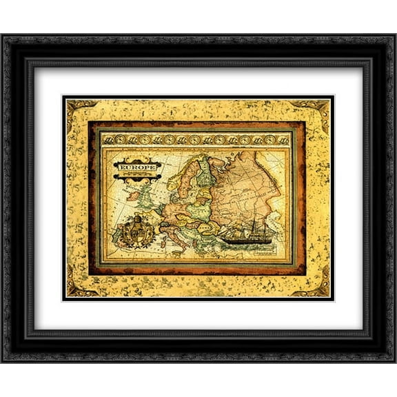 Crackled Map Of Europe 2x Matted 23x17 Black Ornate Framed Art Print by Deborah Bookman