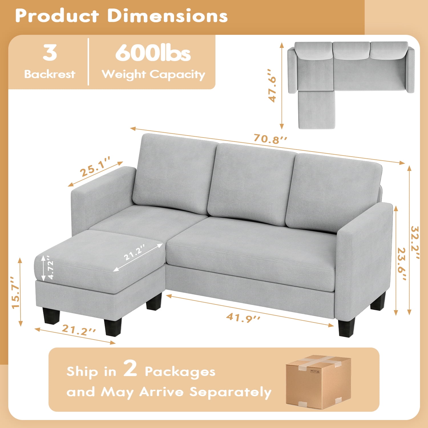 Homall 70" Length Sectional L-Shaped Sofa 3-Seat Couch with Reversible Chaise for Small Living Room, Apartment and Small Space, Gray
