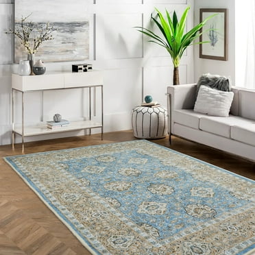 3x5Ft Area Rug for Living Room - Neutral Blue Floral Vintage Design - Pet Friendly - Boho Washable Rug for Bedroom, Dining Room