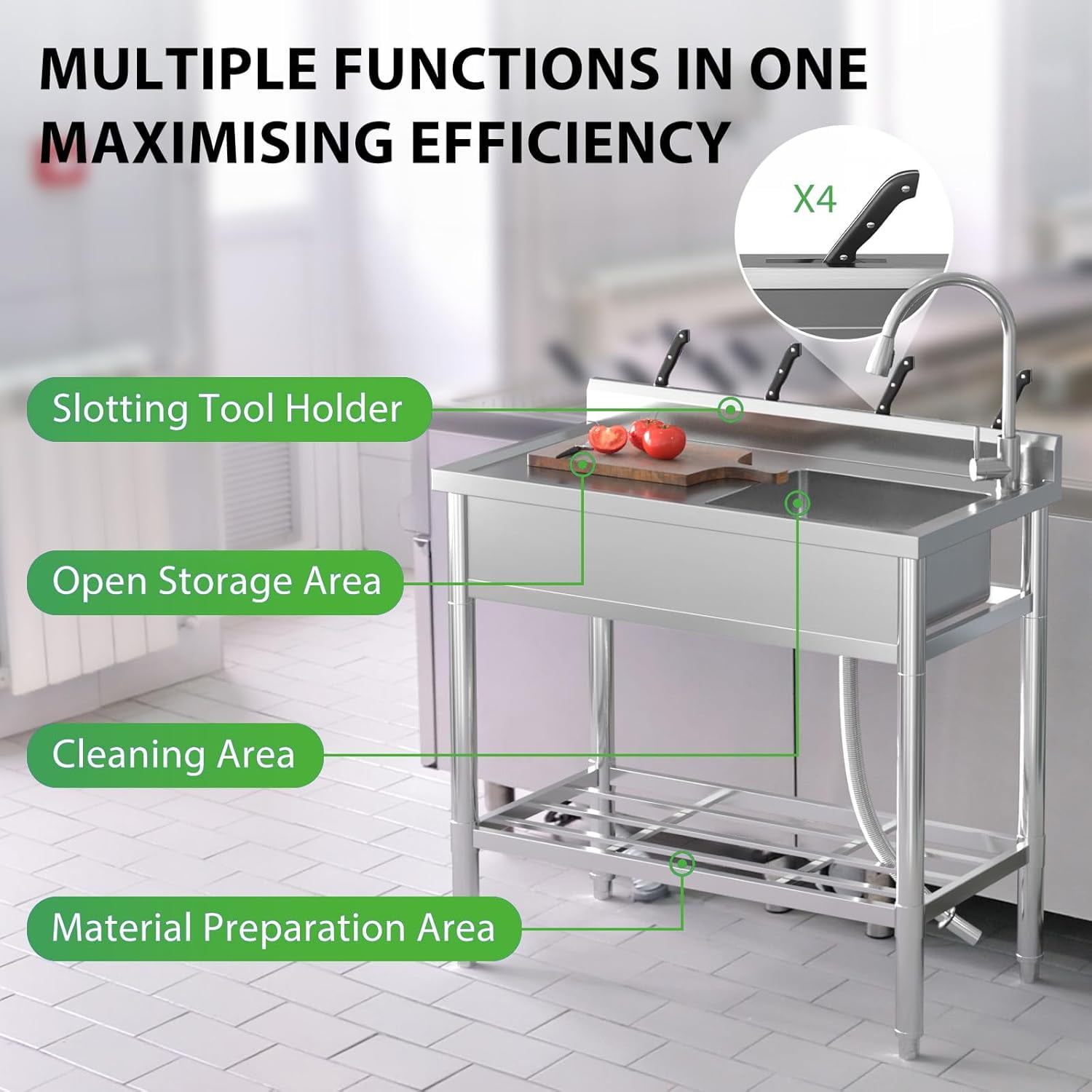 Garvee Rectangular Free Standing Single Bowl Kitchen Sink,Stainless Steel Utility Sink Workbench Storage Shelf & Hot/Cold Stainless Faucet Commercial Sink Backyard Garden Laundry 47"x40"x20"